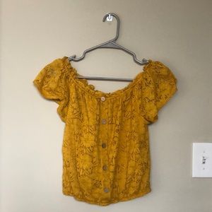 Yellow floral button front off the shoulder top